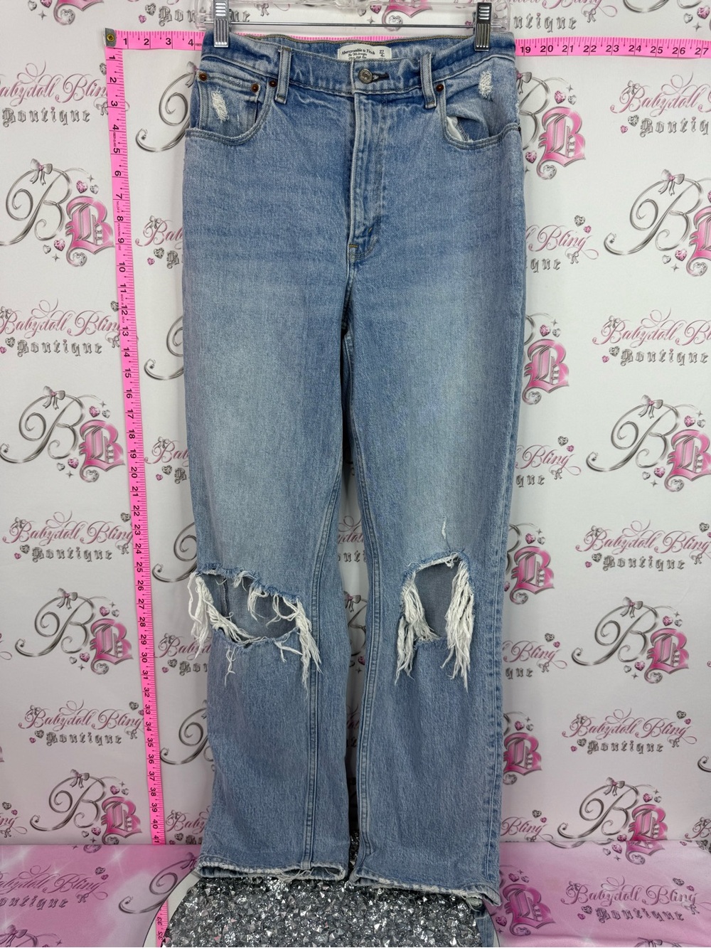 Abercrombie & Fitch Light Blue Distressed Straight-Leg Jeans 90s curve